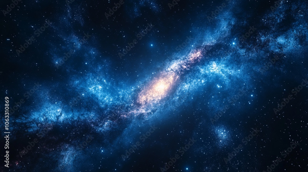 A galaxy with a bright blue center and a dark blue background A galaxy with a bright blue center and a dark blue background