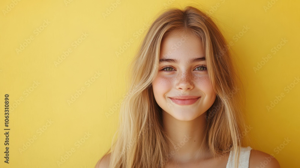 Fototapeta premium Young And Beautiful. Portrait Of Smiling Teen Girl With Natural Blonde Hair Over Yellow Background, Closeup