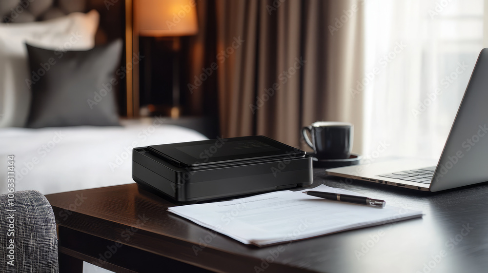 A compact travel scanner on a desk in a hotel room, scanning documents with precision and surrounded by a minimalist workspace with a laptop and coffee cup A compact travel scanner on a desk in a hotel room, scanning documents with precision and surrounded by a minimalist workspace with a laptop and coffee cup