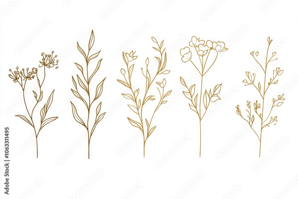 Series of five different flowers are drawn in gold. The flowers are all different sizes and shapes, with some being more detailed than others. Scene is one of natural beauty and serenity Series of five different flowers are drawn in gold. The flowers are all different sizes and shapes, with some being more detailed than others. Scene is one of natural beauty and serenity
