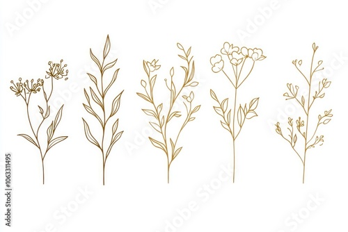 Series of five different flowers are drawn in gold. The flowers are all different sizes and shapes, with some being more detailed than others. Scene is one of natural beauty and serenity