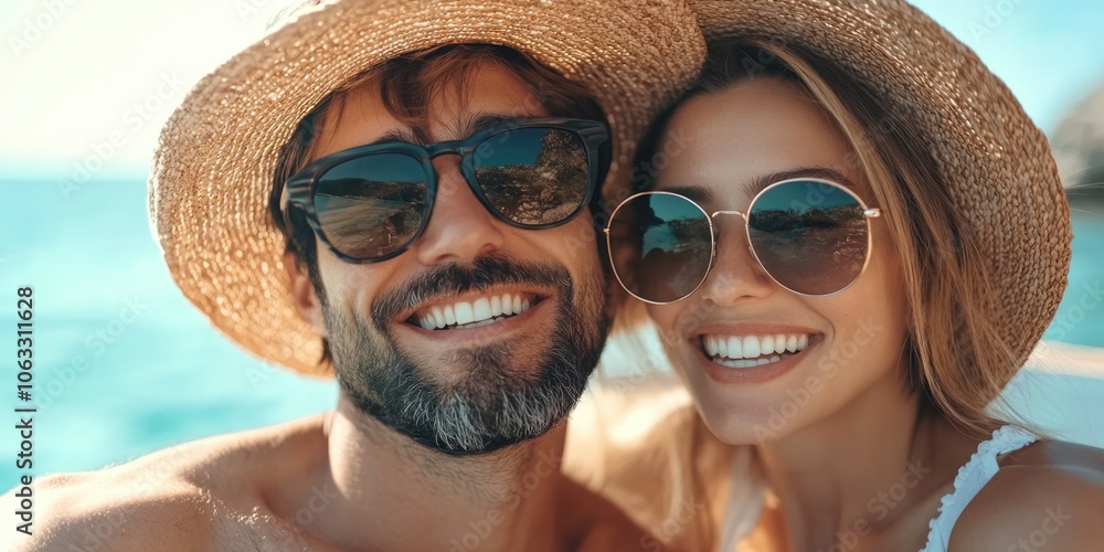 Man and woman are smiling and wearing sunglasses and hats. They are posing for a picture on a boat in the ocean Man and woman are smiling and wearing sunglasses and hats. They are posing for a picture on a boat in the ocean