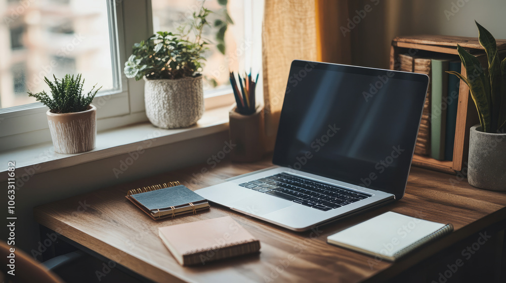 Fototapeta premium A foldable desk neatly set up in a small apartment, with a laptop, notebook, and minimalist decor, emphasizing space-saving functionality