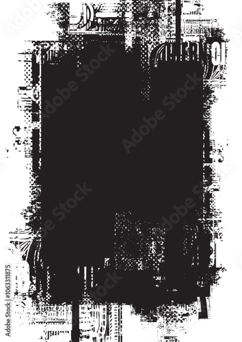 Abstract frame background A4 with chaotic layering of newspaper text, illustrations modern city, headlines and place for an inscription on black background. Creative vector background in grunge style