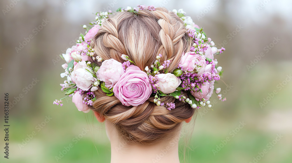 Obraz premium A beautiful floral hairstyle featuring braids and soft pink flowers, perfect for weddings or special occasions, creating a romantic and elegant look.