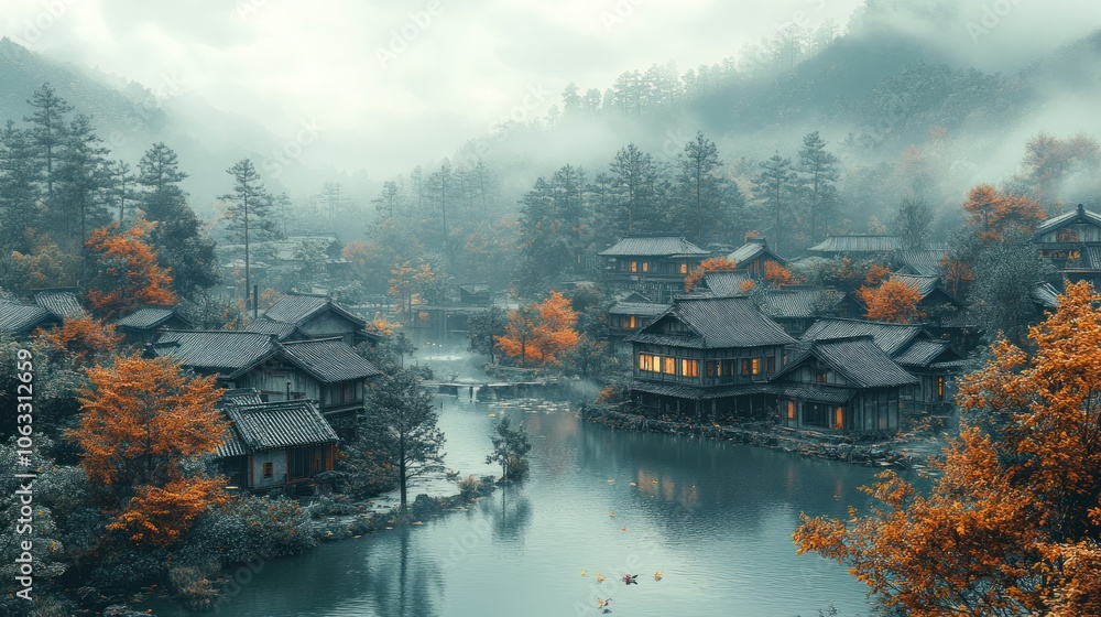 Fototapeta premium A tranquil village nestled amidst a misty mountain landscape, with a winding river flowing through it and traditional houses with warm lighting.