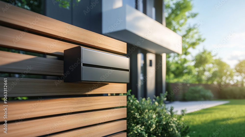 A sleek minimalist mailbox hanging on a wooden fence in front of a modern house, with a well-manicured lawn and blue sky in the background A sleek minimalist mailbox hanging on a wooden fence in front of a modern house, with a well-manicured lawn and blue sky in the background