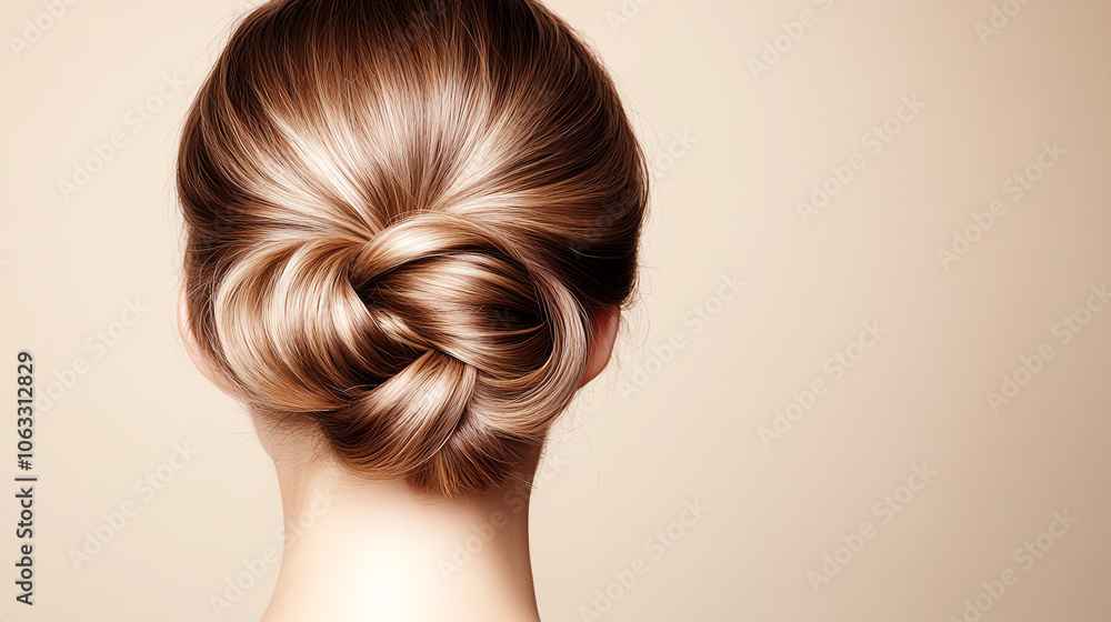 A close-up shot of a beautifully styled hair bun, showcasing elegant craftsmanship and smooth texture against a soft, neutral background.