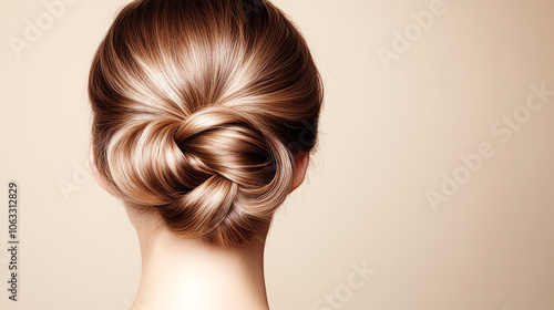 Obraz na płótnie A close-up shot of a beautifully styled hair bun, showcasing elegant craftsmanship and smooth texture against a soft, neutral background. w salonie