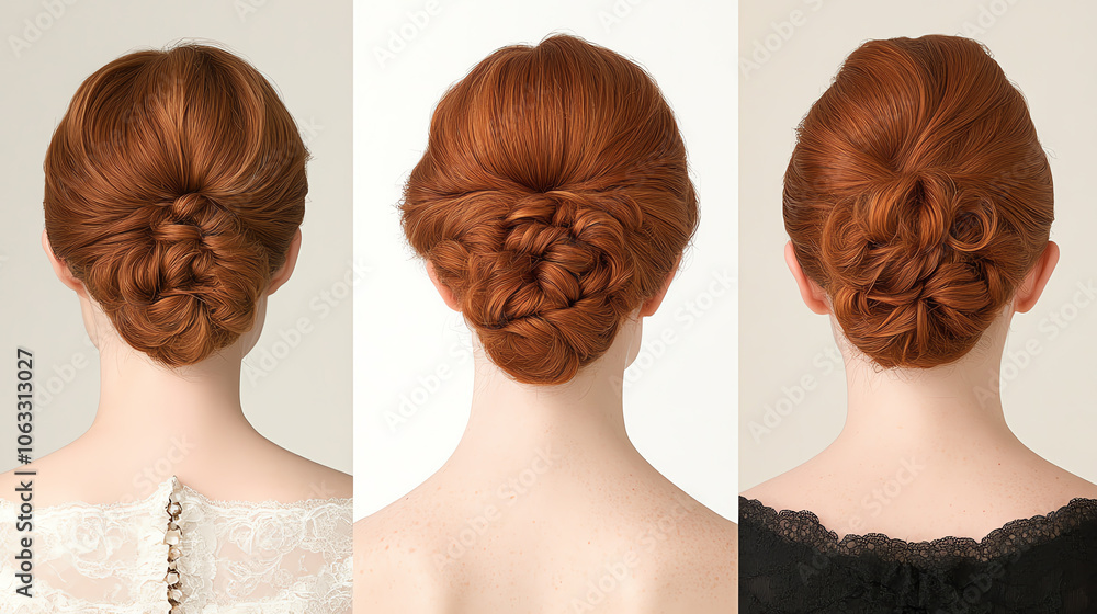 A collection of elegant updo hairstyles featuring rich red hair, viewed from the back. Perfect for inspiration or hair design ideas. A collection of elegant updo hairstyles featuring rich red hair, viewed from the back. Perfect for inspiration or hair design ideas.