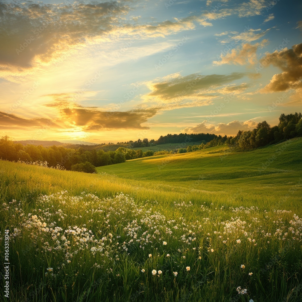 Naklejka premium Sunset over a lush, green spring meadow 