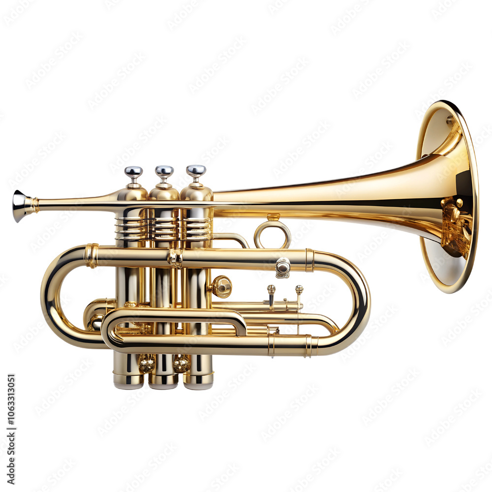 Obraz premium Gold Brass Trumpet Musical Instrument on transparent background cutout, PNG file, Cutout file