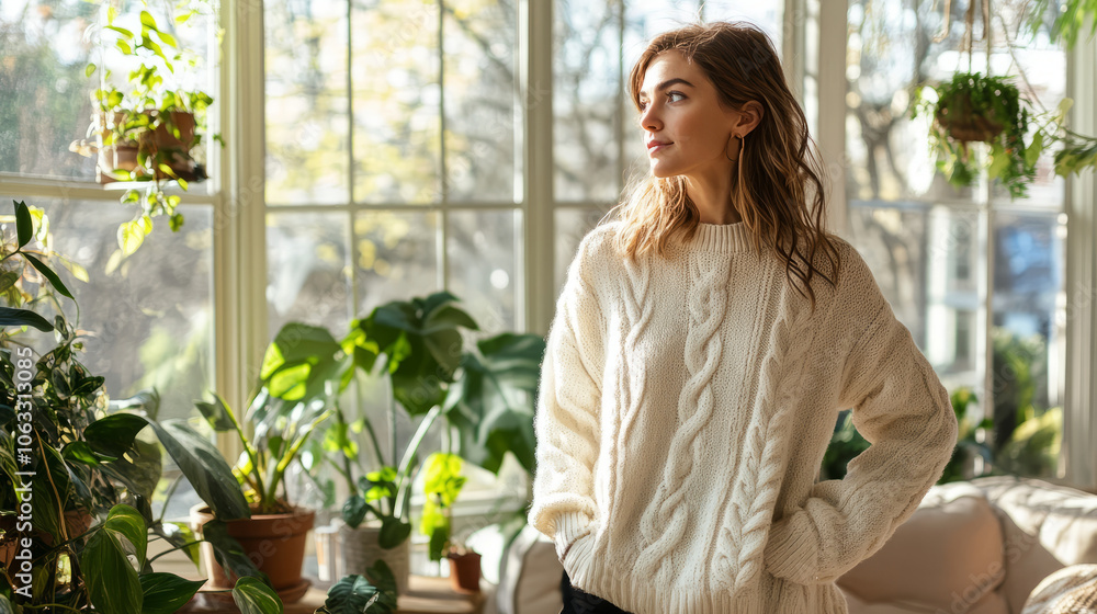 A woman wearing a cozy white sweater, standing in a sunlit room with large windows, surrounded by indoor plants and soft furnishings A woman wearing a cozy white sweater, standing in a sunlit room with large windows, surrounded by indoor plants and soft furnishings