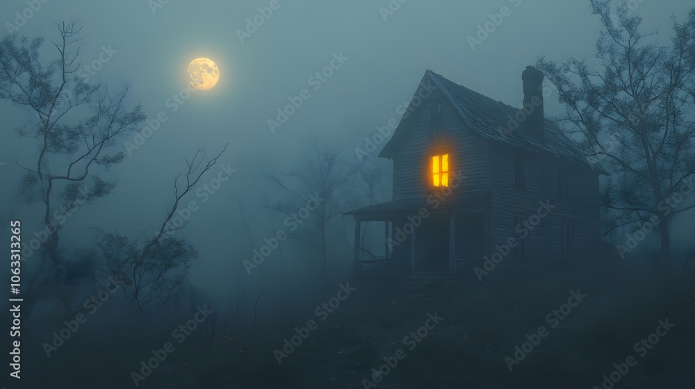 Mysterious Foggy Night with a Creepy Abandoned House and Full Moon - Halloween Concept