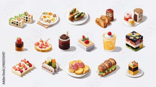 Assorted illustration of gourmet breakfast and pastry selection on white background