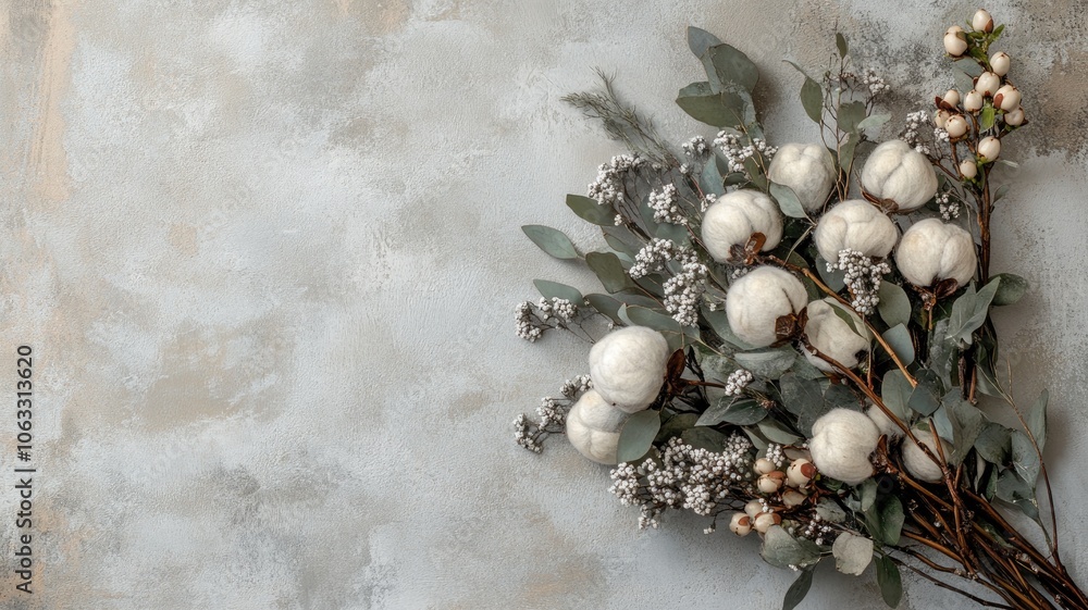 Obraz premium Elegant bouquet of cotton branches and flowers on textured background