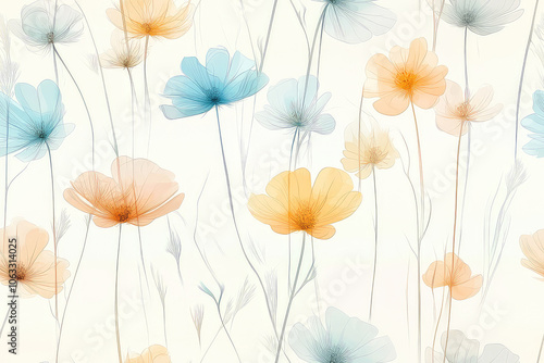 Seamless pattern of delicate watercolor flowers in soft pastel colors create serene atmosphere 