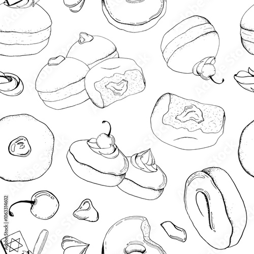 Hanukkah donuts vector seamless pattern in black and white for for Jewish winter holiday coloring pages and books. Hand drawn sufganiyot doughnuts background for festive packages and warping paper