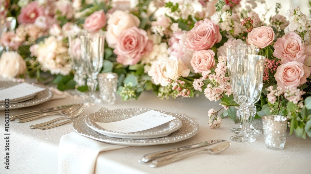 Elegant table setting with silverware and floral centerpiece featuring pink white roses Elegant table setting with silverware and floral centerpiece featuring pink white roses