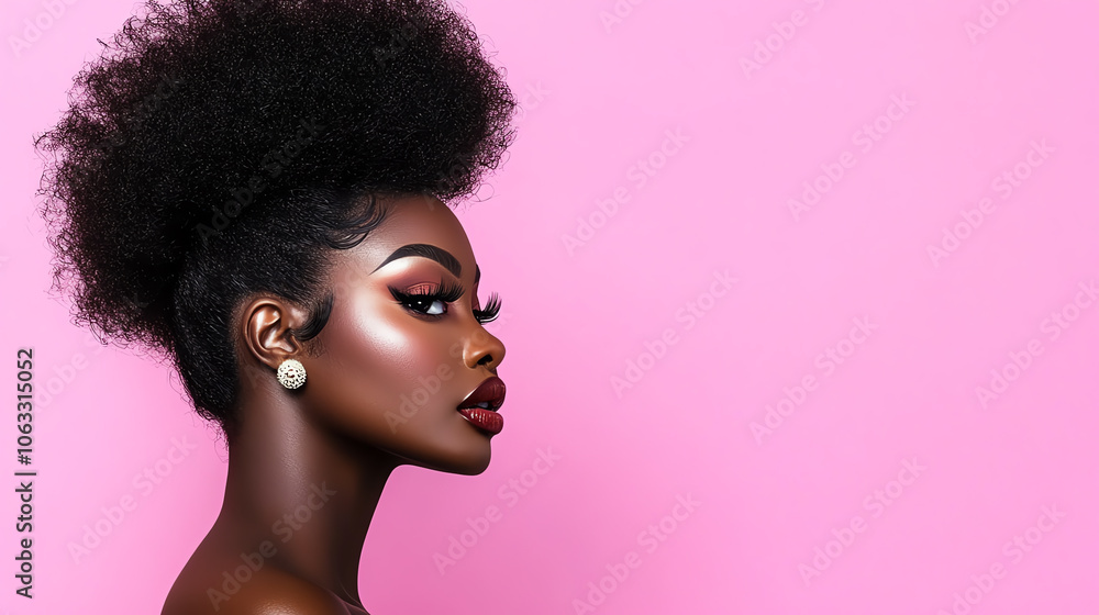 A striking profile of a woman with a beautiful afro hairstyle, showcasing her elegant makeup against a vibrant pink background. A striking profile of a woman with a beautiful afro hairstyle, showcasing her elegant makeup against a vibrant pink background.