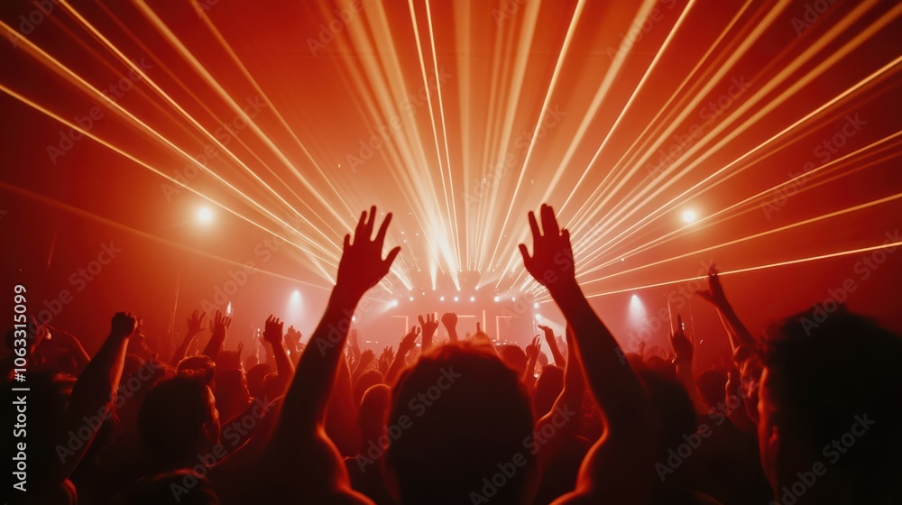 People dance in club spotlight laser lights with hands up in cinematic photography style. People crowd dancing at techno, rave or electronic music People dance in club spotlight laser lights with hands up in cinematic photography style. People crowd dancing at techno, rave or electronic music