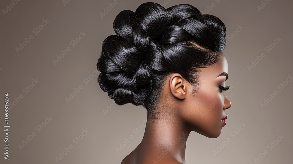 A stunning profile view of a woman with elegant, styled hair showcasing intricate braids against a neutral background. A stunning profile view of a woman with elegant, styled hair showcasing intricate braids against a neutral background.