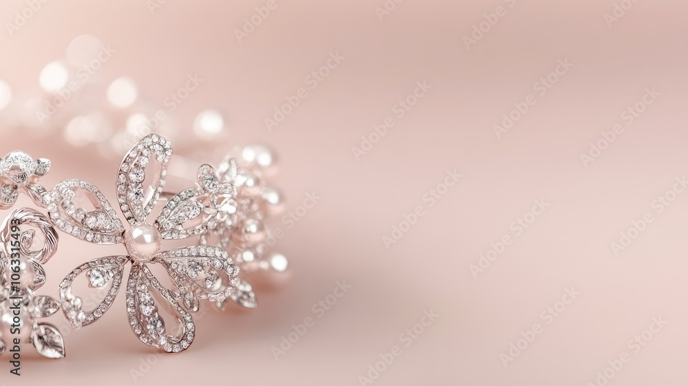 Elegant floral silver bracelet with pearls on pastel background Elegant floral silver bracelet with pearls on pastel background