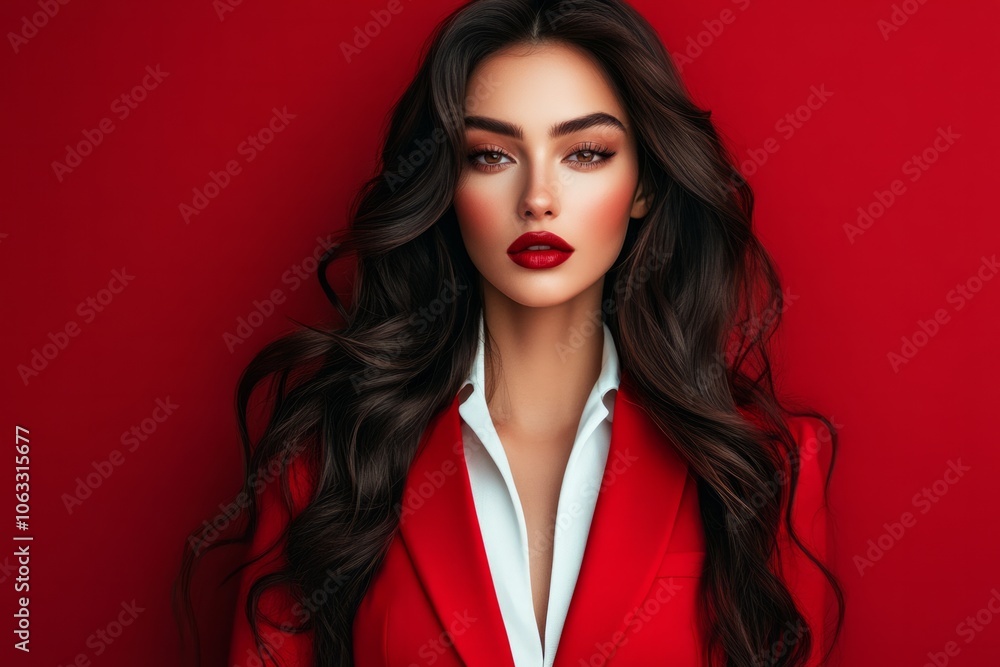 A stunning woman with long, wavy dark hair , red background A stunning woman with long, wavy dark hair , red background