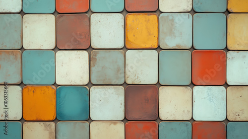 A background of square tiles in different colors. The color palette includes shades of blue and orange with some rusted areas, giving it the look of vintage tilework.