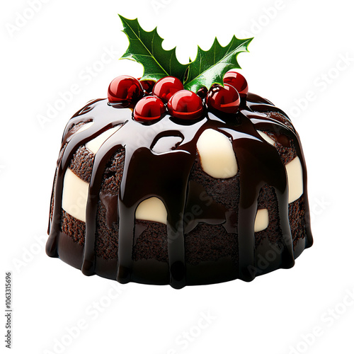 Decadent Chocolate Cake with Red Berries and Leaves