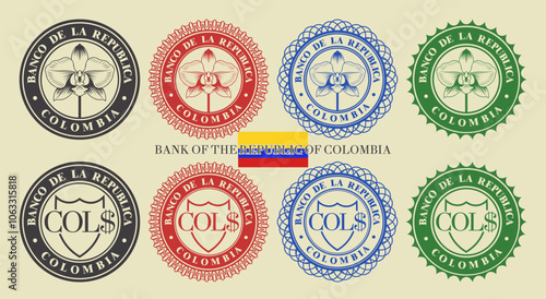 Vector graphic set of financial fictional Colombian color stamps. Round icons, orchid flower and peso symbol. Spanish inscription means Bank of Republic of Colombia.