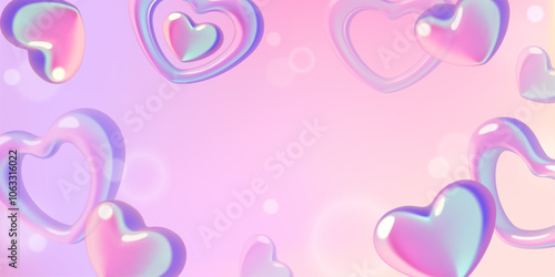 Y2k gradient hearts background with 3d holographic abstract heart shapes and bokeh effect. Cute romantic and love concept frame layout wit space for text. Vector design.