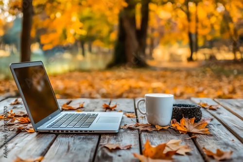 A laptop and a white coffee mug placed on a wooden table outdoors, covered with autumn leaves. The background features trees with yellow and orange leaves, creating a cozy and productive atmosphere.