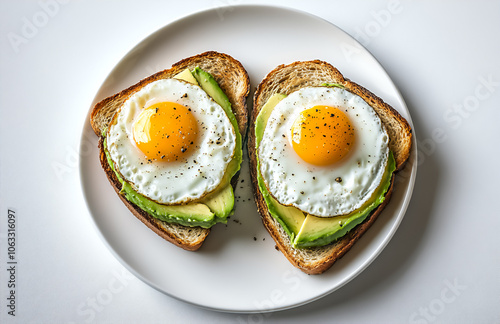 The image features two toasted slices on a white plate, topped with avocado and fried eggs dusted with black pepper. This dish is great for marketing cafes, restaurants, culinary blogs. photo