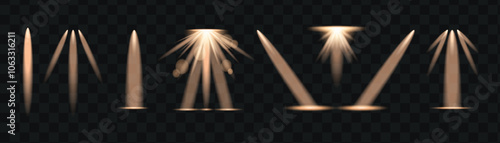 Gold light rays and beams effect set. Glow isolated transparent lights, lens flare, explosion, glitter and spotlights. Abstract vector effect.