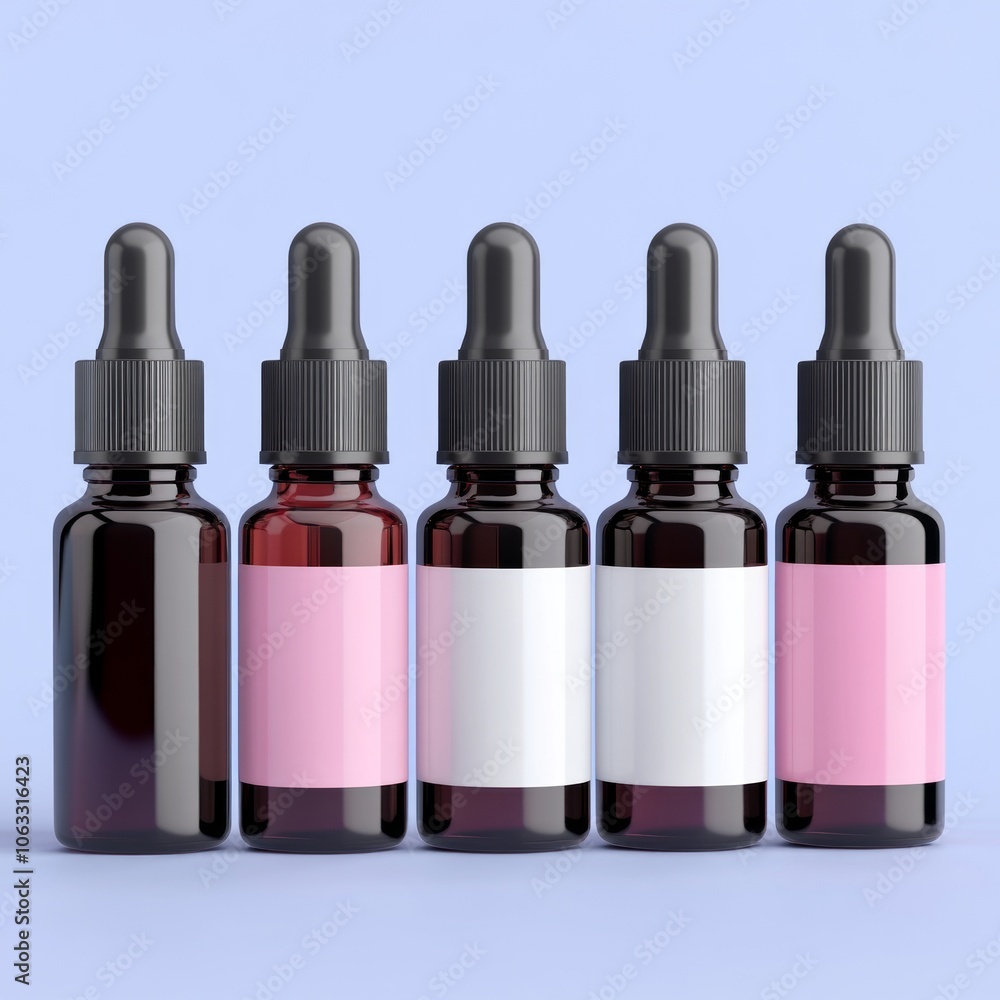 Five dropper bottles with various colored labels on a light blue background. Five dropper bottles with various colored labels on a light blue background.