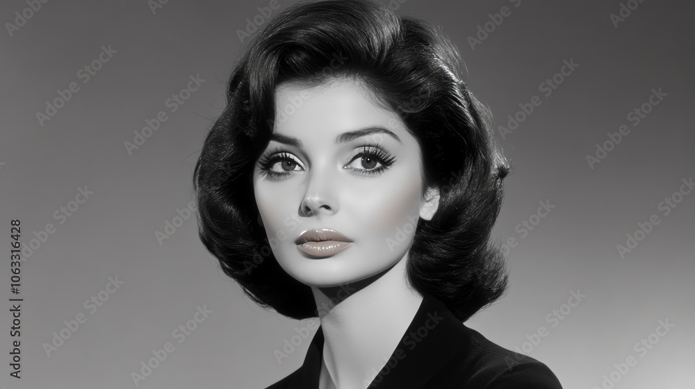 Black and white portrait of a sophisticated woman with elegant hair and makeup, exuding confidence and poise against a simple background.