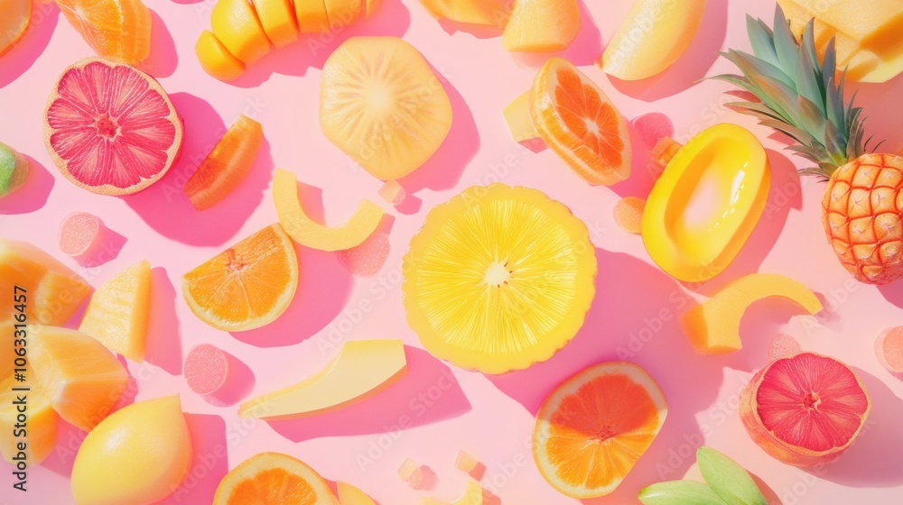 Vibrant sliced tropical fruits including pineapple, mango, and papaya create a cheerful and colorful layout against a bright backdrop. Generative AI Vibrant sliced tropical fruits including pineapple, mango, and papaya create a cheerful and colorful layout against a bright backdrop. Generative AI