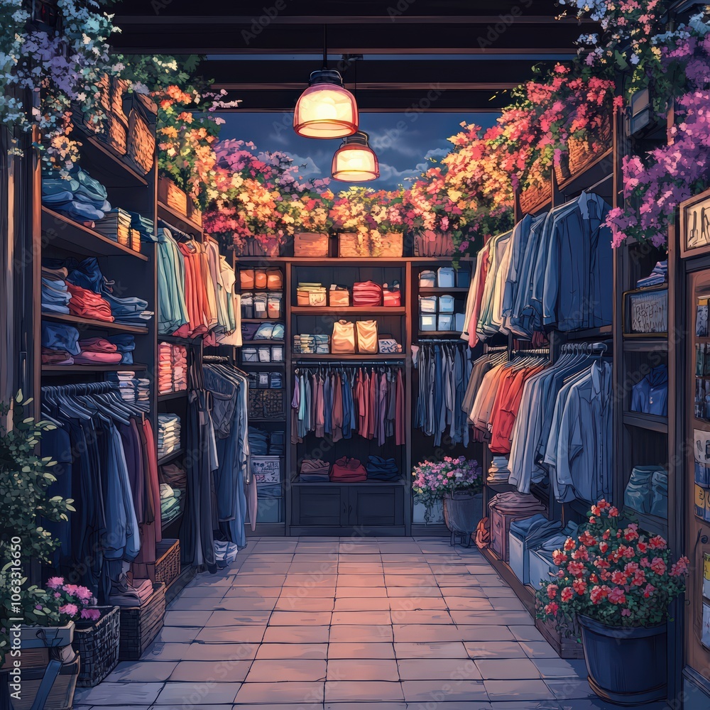 Naklejka premium Vector illustration of a cozy second-hand store with racks of clothing.