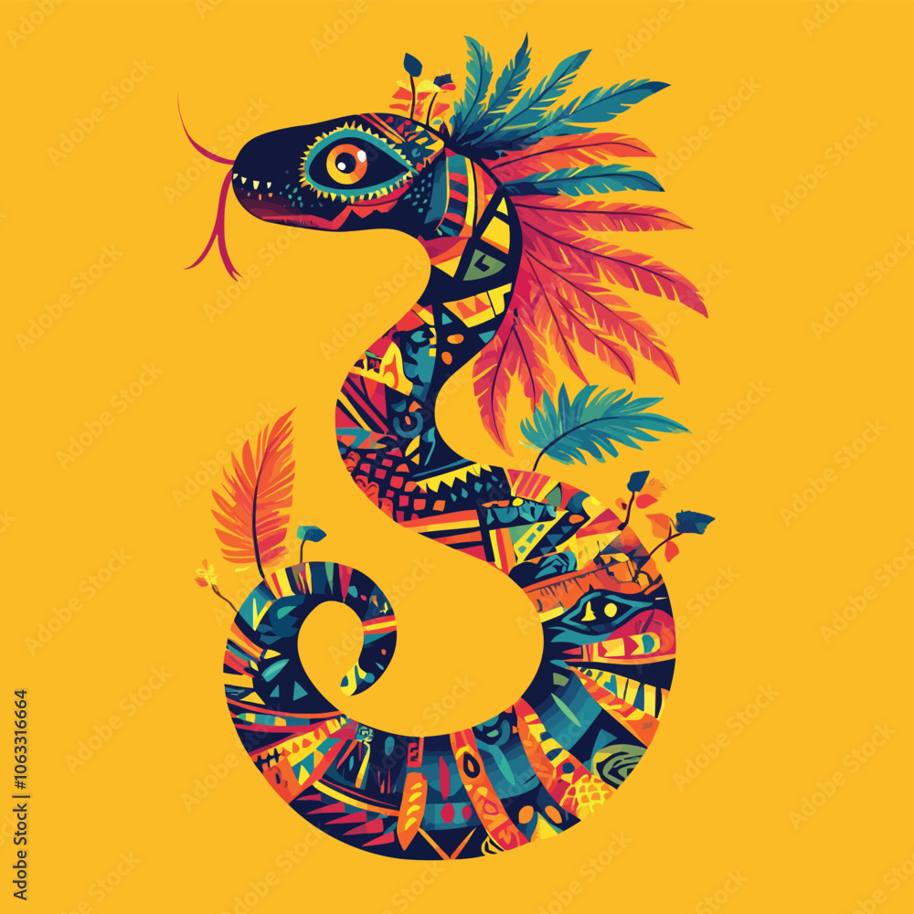 Fototapeta premium Cute Aztec Feathered Serpent with Vibrant Intricate 