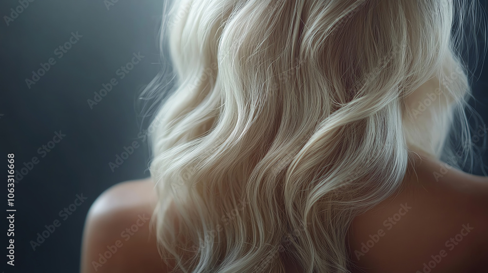 Fototapeta premium Close-up view of wavy blonde hair cascading down the back of a person, creating a soft and elegant appearance against a muted background.