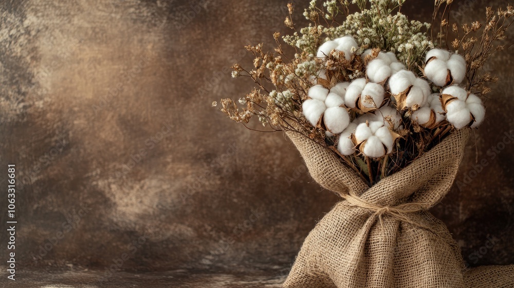 Obraz premium Bouquet of dried flowers and cotton in burlap
