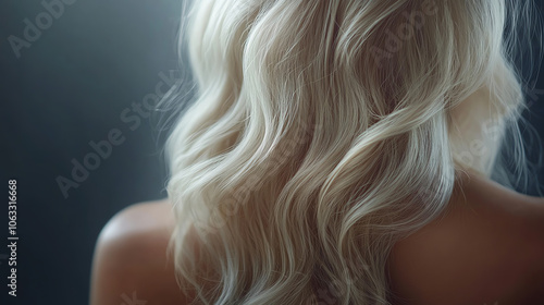 Close-up view of wavy blonde hair cascading down the back of a person, creating a soft and elegant appearance against a muted background.