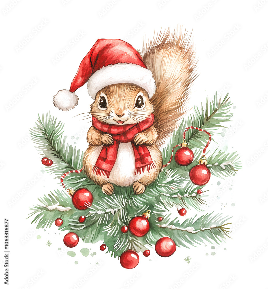 Watercolor illustration of a cute baby squirrel in red hat and scarf sitting on a Christmas tree, white background Watercolor illustration of a cute baby squirrel in red hat and scarf sitting on a Christmas tree, white background