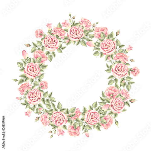 Roses flowers with green leaves. Spring wreath round frame. Hand drawn watercolor illustration isolated. Clipart of garden plant. Template with copy space for invitation, card, wedding, Valentines Day