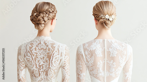 Elegant bridal hairstyle showcasing intricate braids and delicate floral embellishments, set against a soft, neutral background. photo