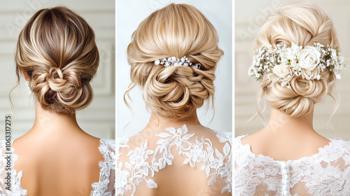 Elegant bridal hairstyles featuring intricate updos adorned with floral accessories and shimmering clips, perfect for wedding celebrations. photo