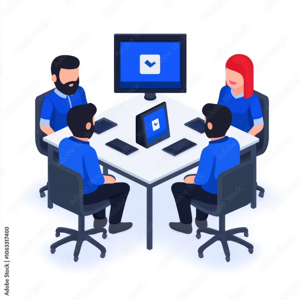 A group of four professionals in a meeting around a table with digital devices. A group of four professionals in a meeting around a table with digital devices.