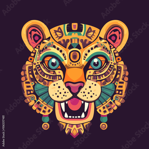 Cute Aztec Jaguar Warrior Symbol with Vibrant Intricate Patterns