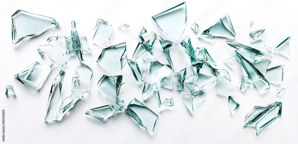 This image of glass shards on a white background captures the destructive power of shattering glass. The sharp edges and reflective fragments make it a compelling visual for projects focused on fragil This image of glass shards on a white background captures the destructive power of shattering glass. The sharp edges and reflective fragments make it a compelling visual for projects focused on fragil